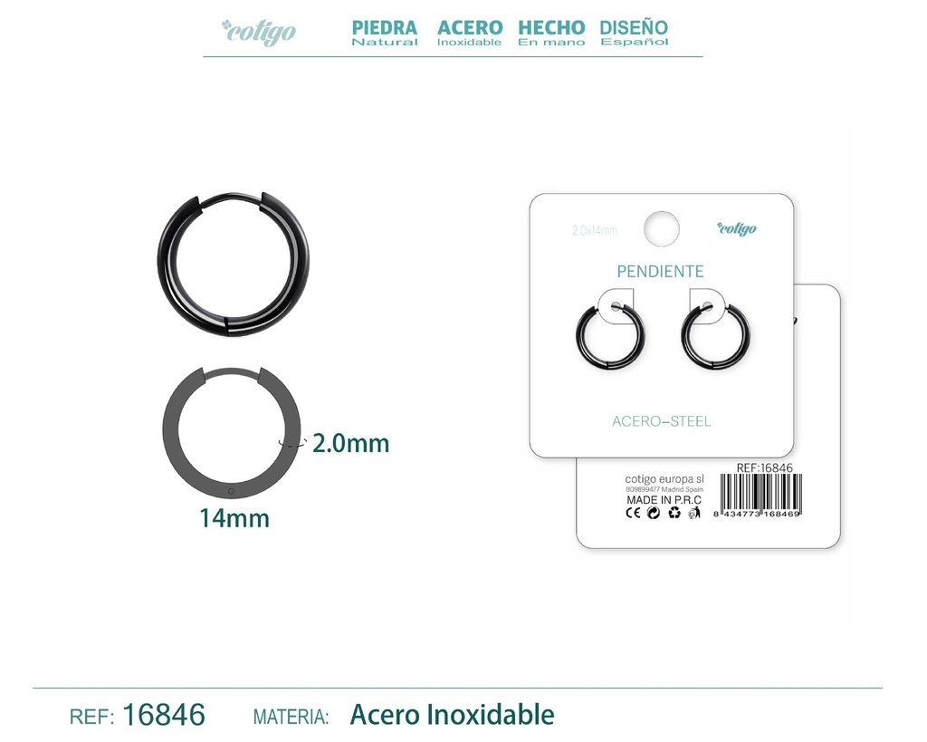 Pendiente aro de acero 2.0x14 mm negro - Joyería de acero