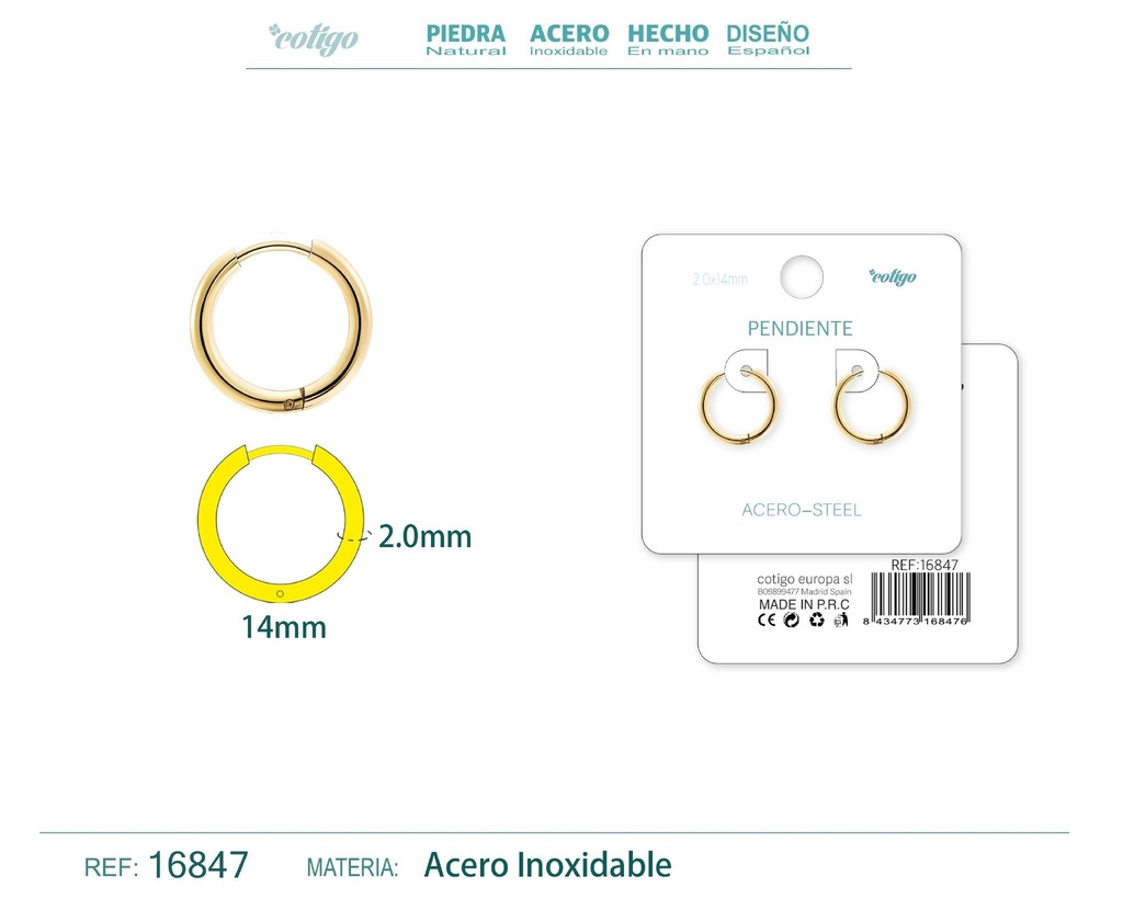 Pendiente aro de acero 2.0x14 mm dorado - Joyería de acero