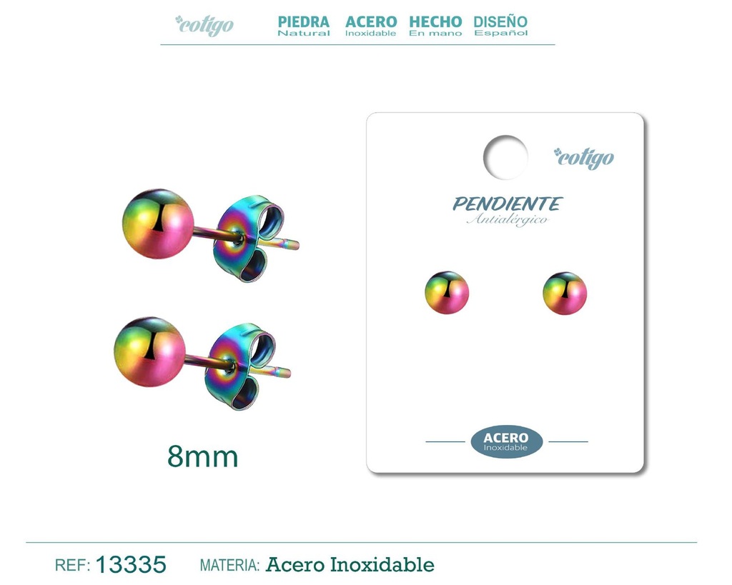 Pendiente bola 8mm acero color multicolor - Joyería de acero inoxidable
