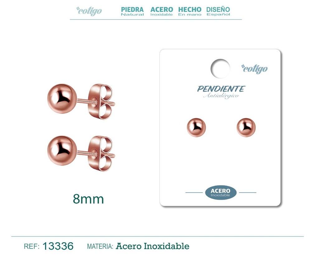 Pendiente bola 8mm acero color rosa - Joyería de acero inoxidable
