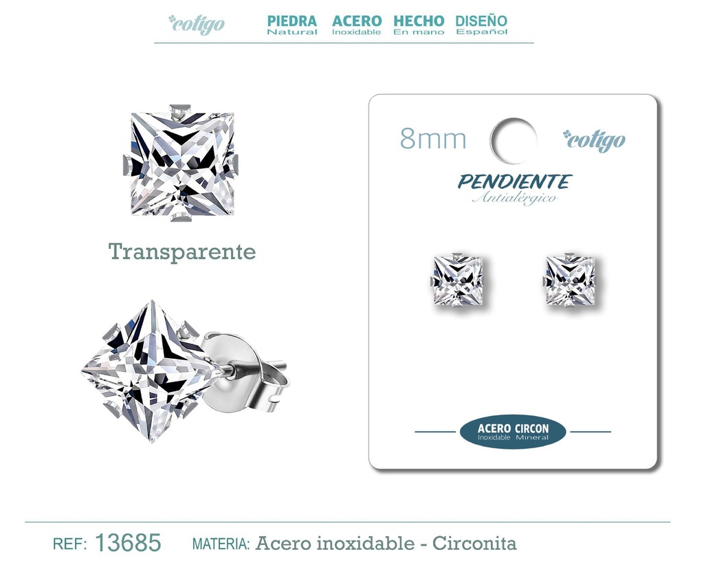 Pendiente cuadrado de circonita transparente 8mm con base de acero plateado - Joyería de circonita