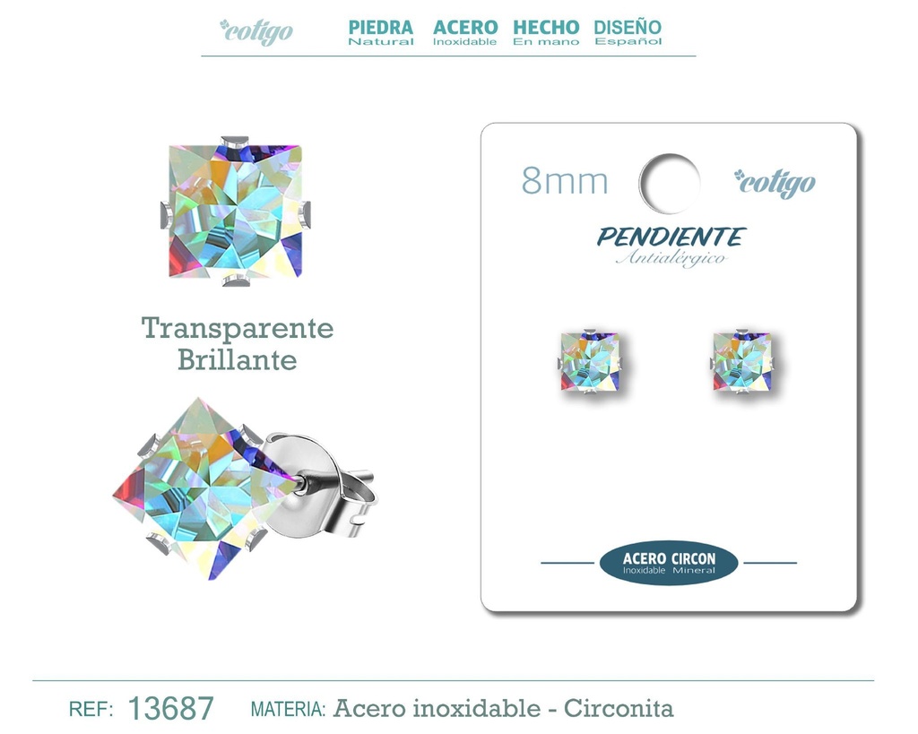 Pendiente cuadrado de circonita multicolor 8mm con base de acero plateado - Joyería de circonita