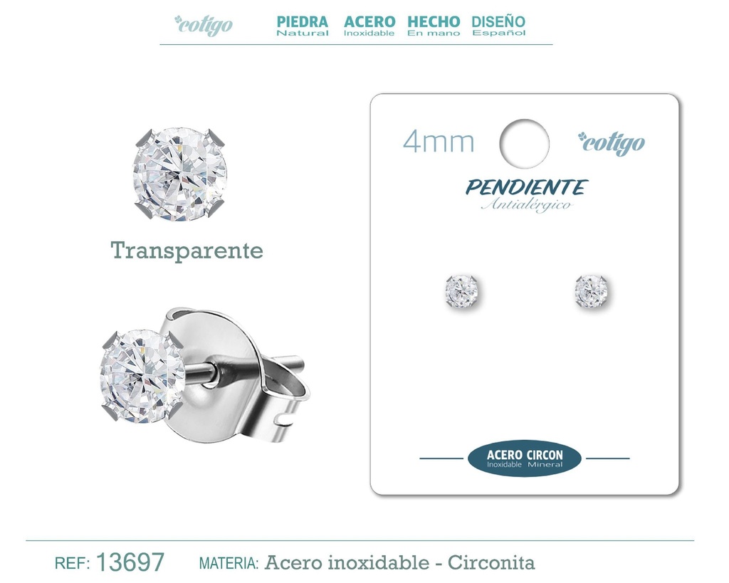 Pendiente redondo de circonita transparente 4mm con base de acero plateado - Joyería de circonita