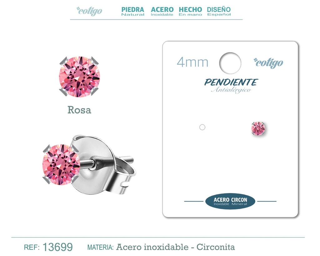 Pendiente redondo de circonita rosa 4mm con base de acero plateado - Joyería de circonita