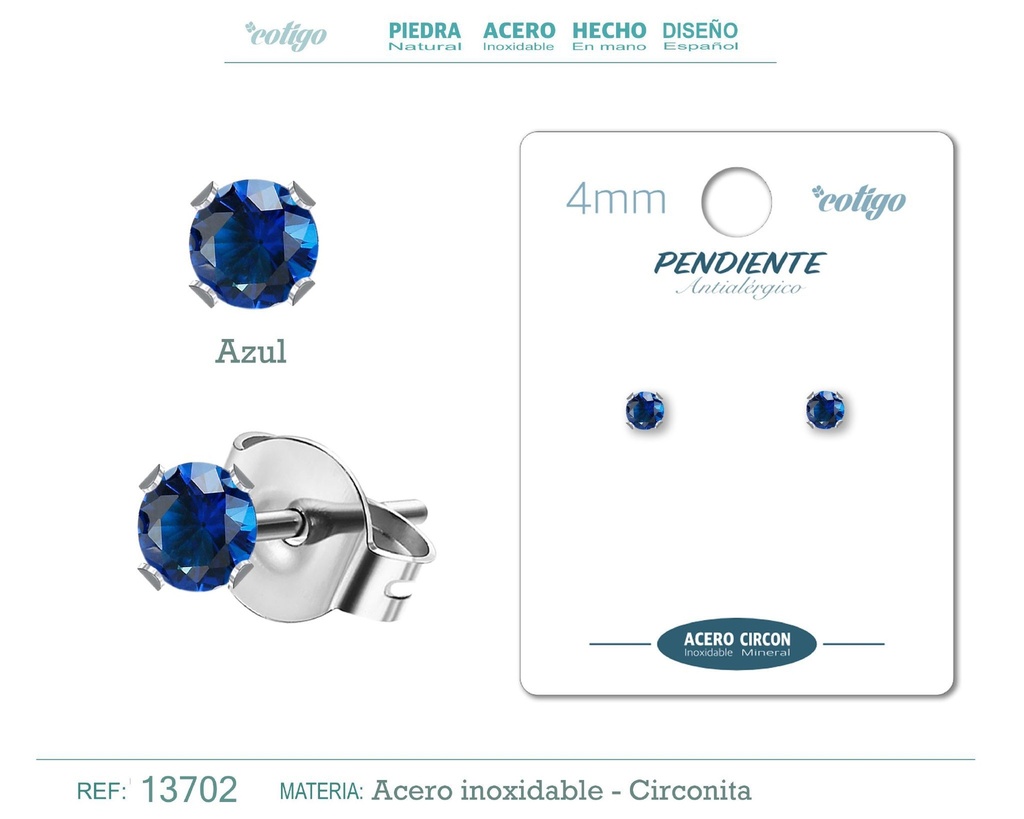 Pendiente redondo de circonita azul 4mm con base de acero plateado - Joyería de circonita