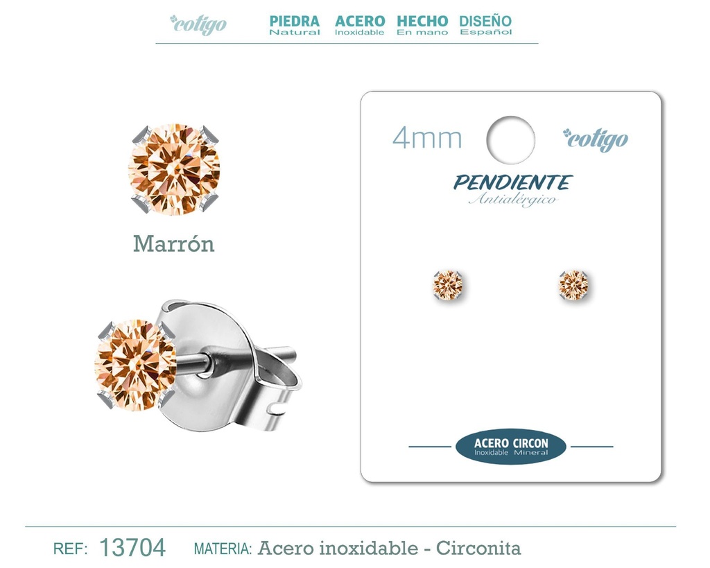 Pendiente redondo de circonita marrón 4mm con base de acero plateado - Joyería de circonita