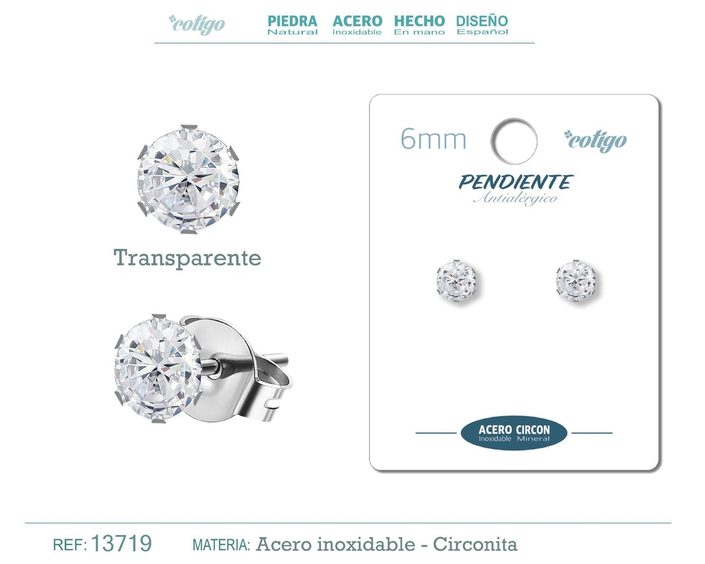Pendiente redondo de circonita transparente 6mm con base de acero plateado - Joyería de circonita