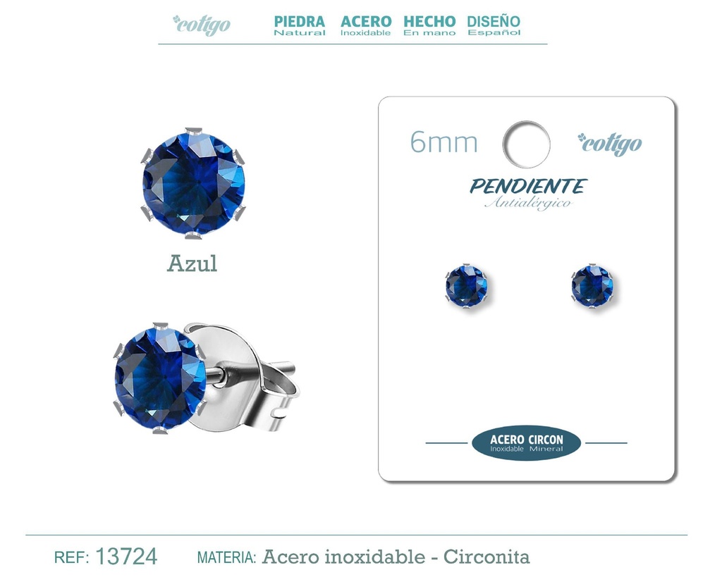Pendiente redondo de circonita azul 6mm con base de acero plateado - Joyería de circonita