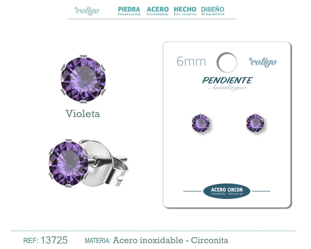 Pendiente redondo de circonita violeta 6mm con base de acero plateado - Joyería de circonita