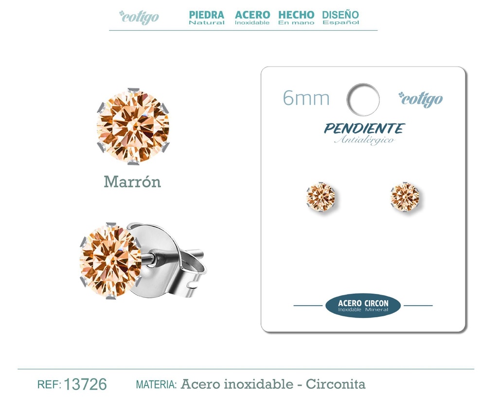 Pendiente redondo de circonita marrón 6mm con base de acero plateado - Joyería de circonita