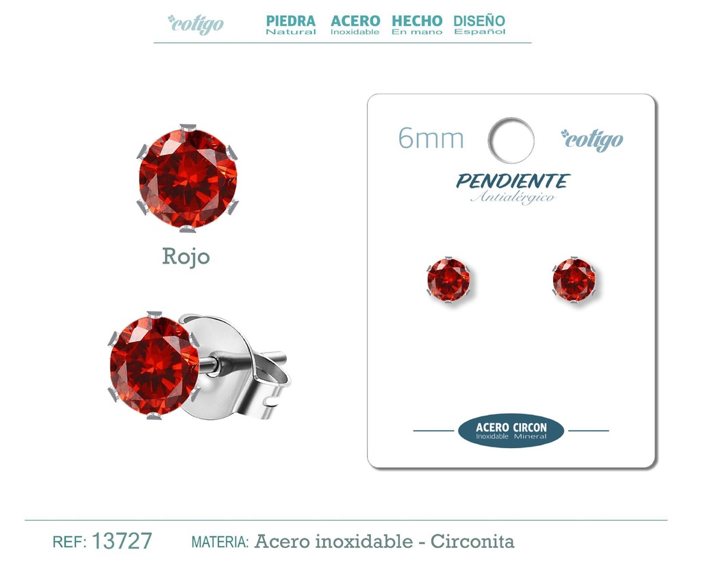 Pendiente redondo de circonita rojo 6mm con base de acero plateado - Joyería de circonita