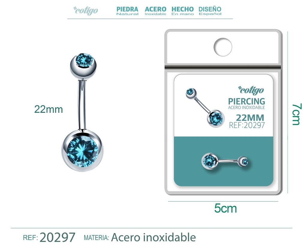 Piercing de acero antialérgico color plateado con azul claro - Joyería y accesorios