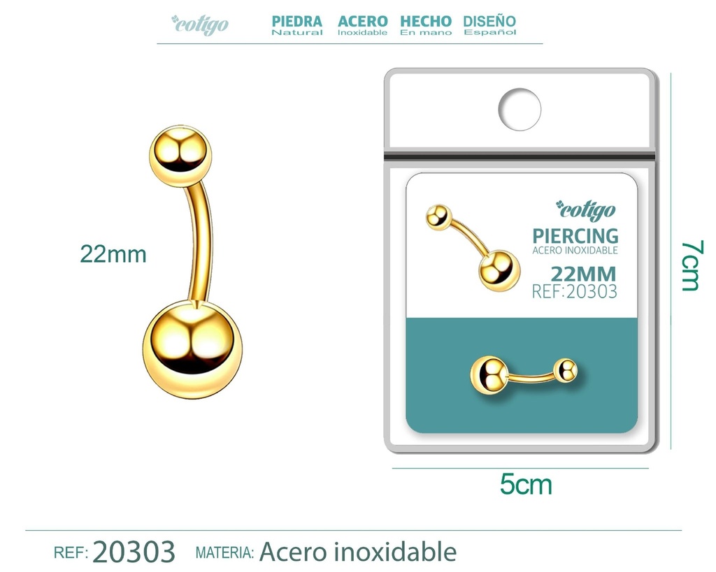 Piercing de acero antialérgico color dorado - Joyería y accesorios