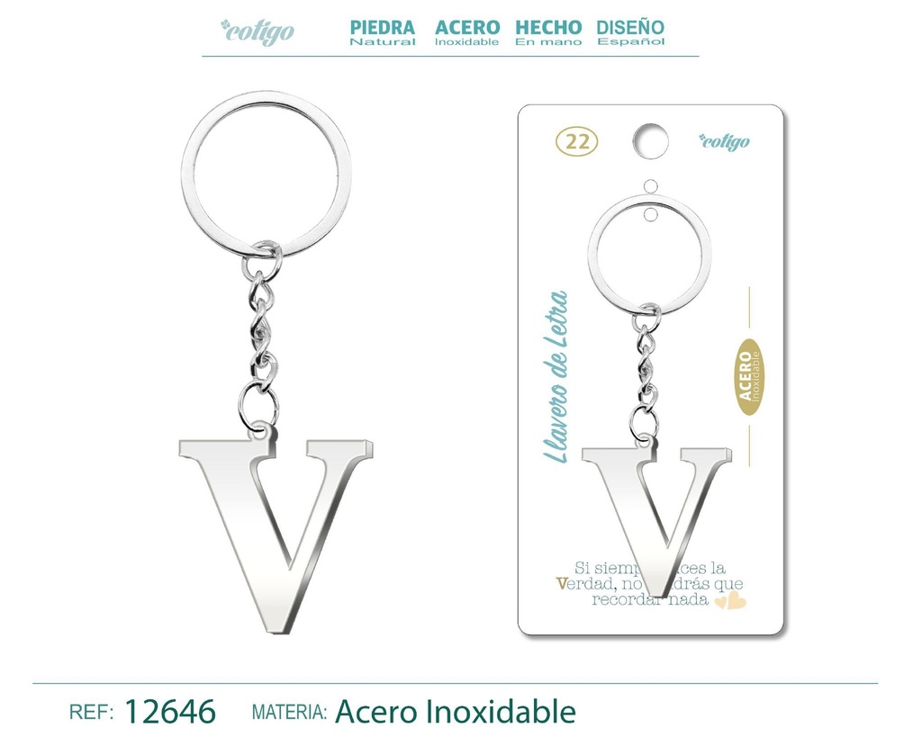 Llavero de acero con letra V - Accesorios de moda
