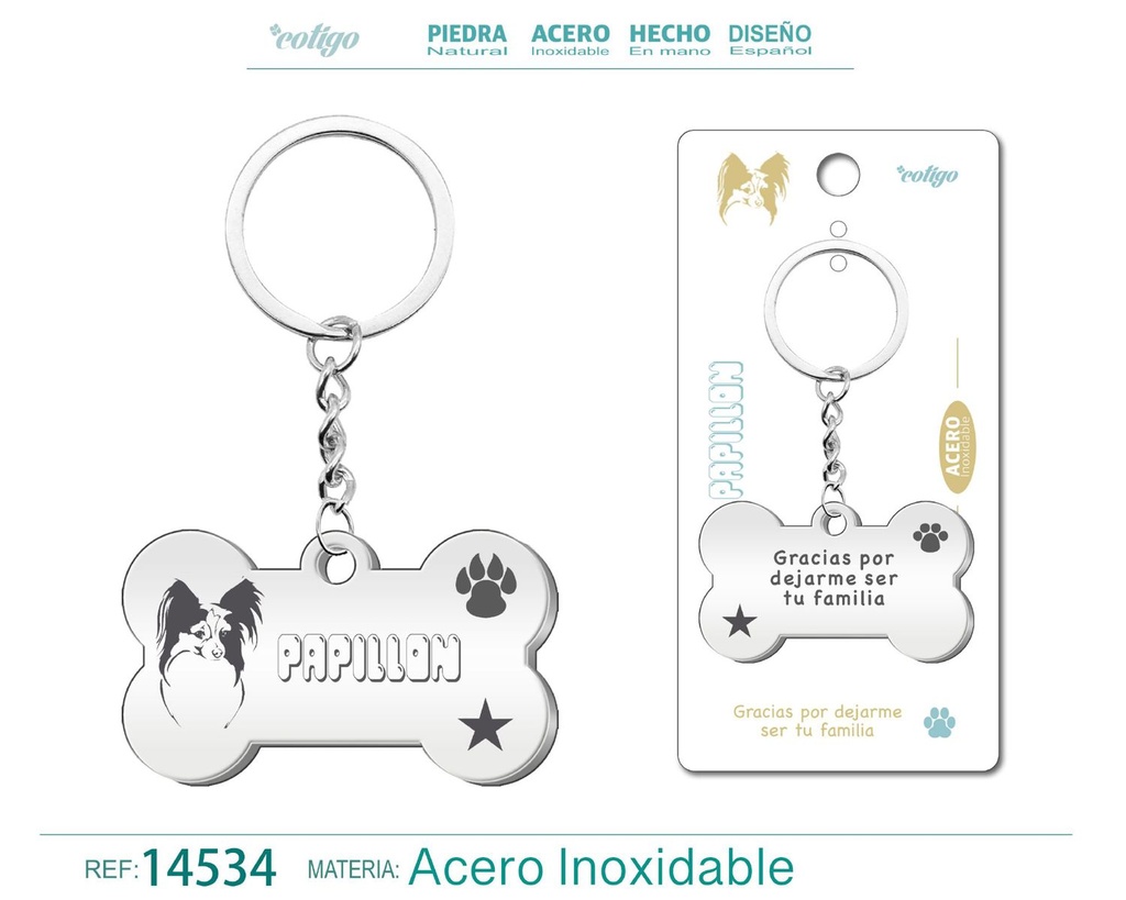 Llavero de acero con perro papillón - Accesorios de mascotas
