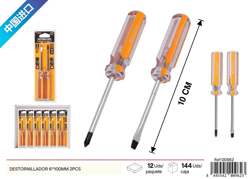 Destornillador con mango cristal 6*100mm 2 pcs - Herramientas de ferretería y destornilladores