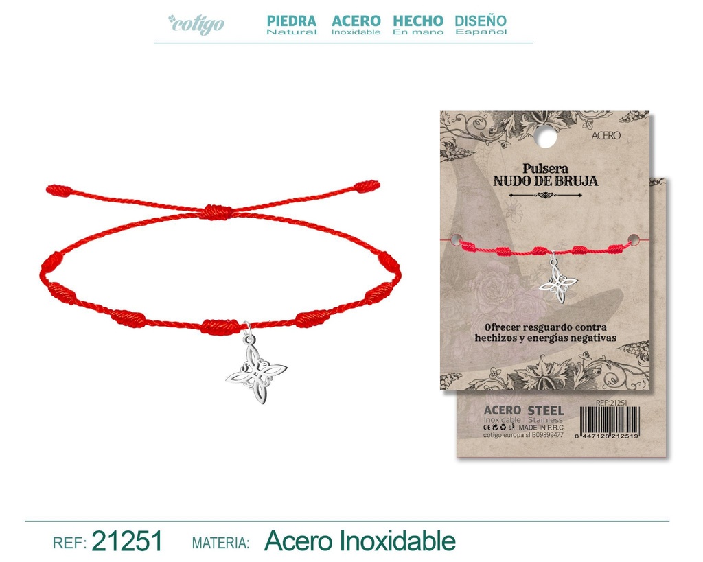 Pulsera de 7 nudos con nudo de bruja en acero plateado - Joyería de suerte