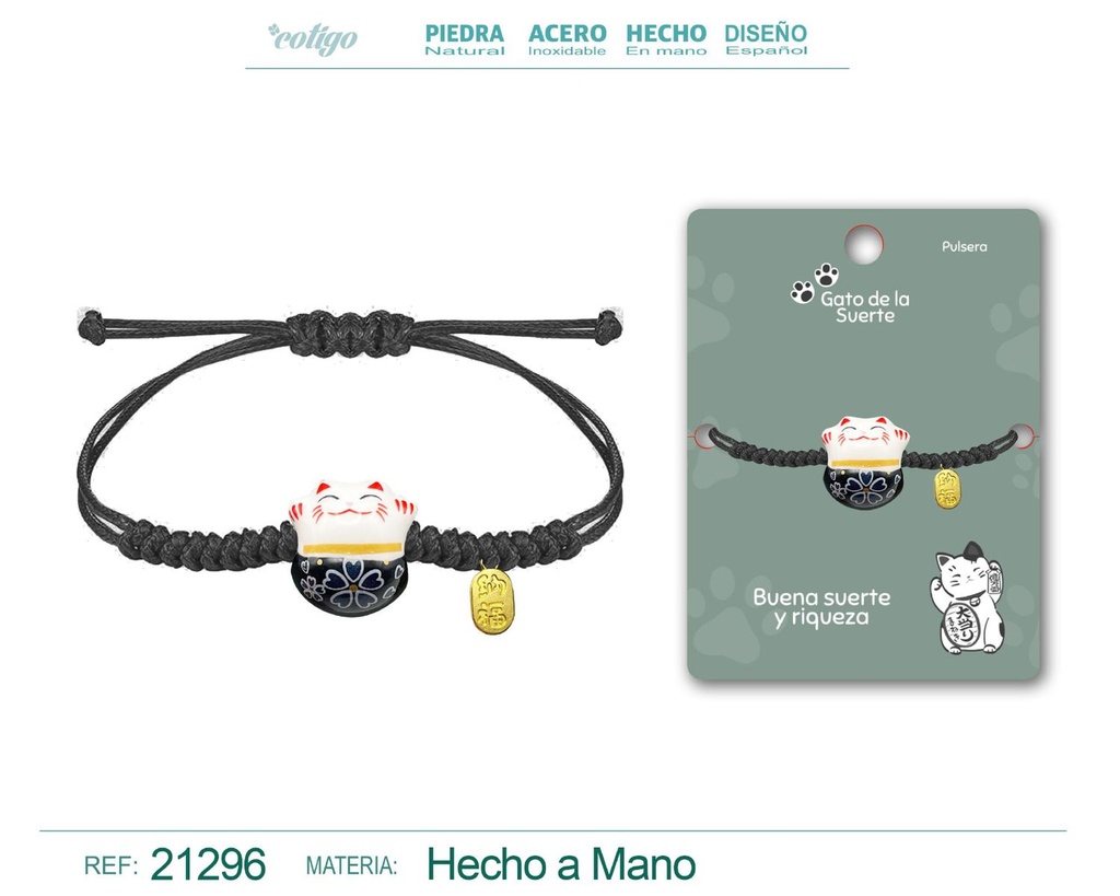 Pulsera de Hilo Encerado con Gato de la Suerte - Amuletos de Suerte y Protección