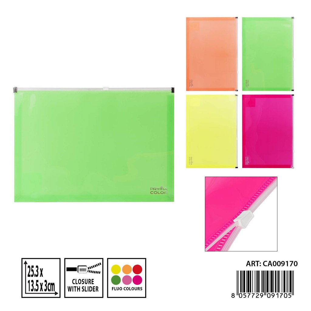 Porta documentos con zip fluo 25.3x13.5x3cm - Artículos de papelería