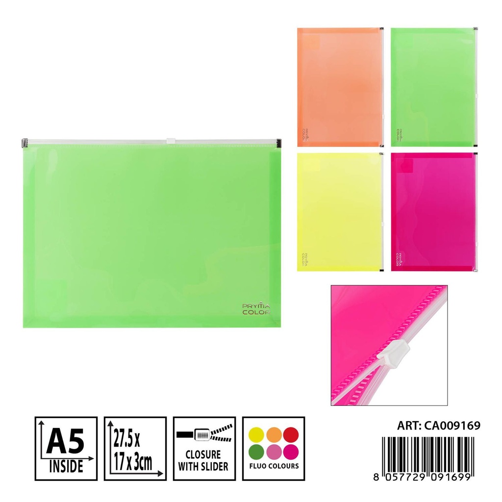 Porta documentos con zip fluo A5 27.5x17x3cm - Artículos de papelería