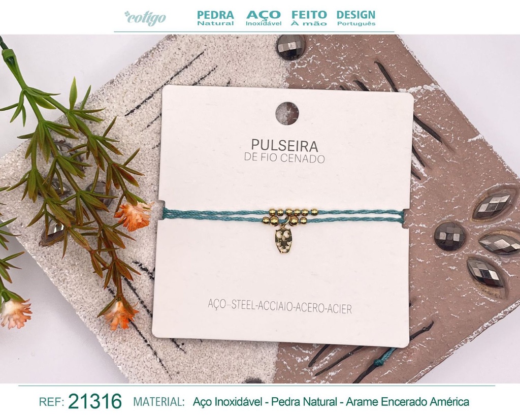 Pulsera de hilo encerado con colgante Búho en acero dorado - Joyería y amuletos