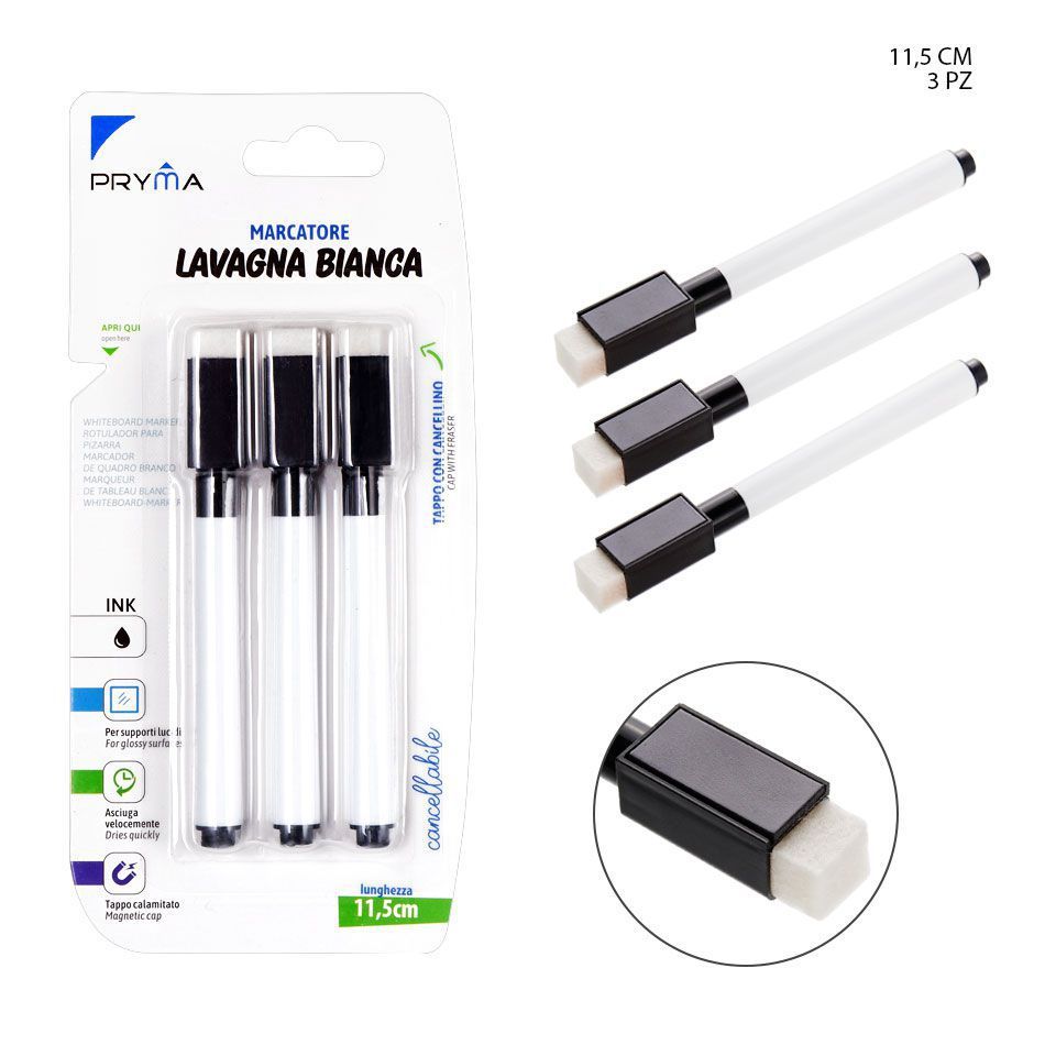 Rotulador para pizarra blanca con borrador 3PZ negro - Herramientas de escritura