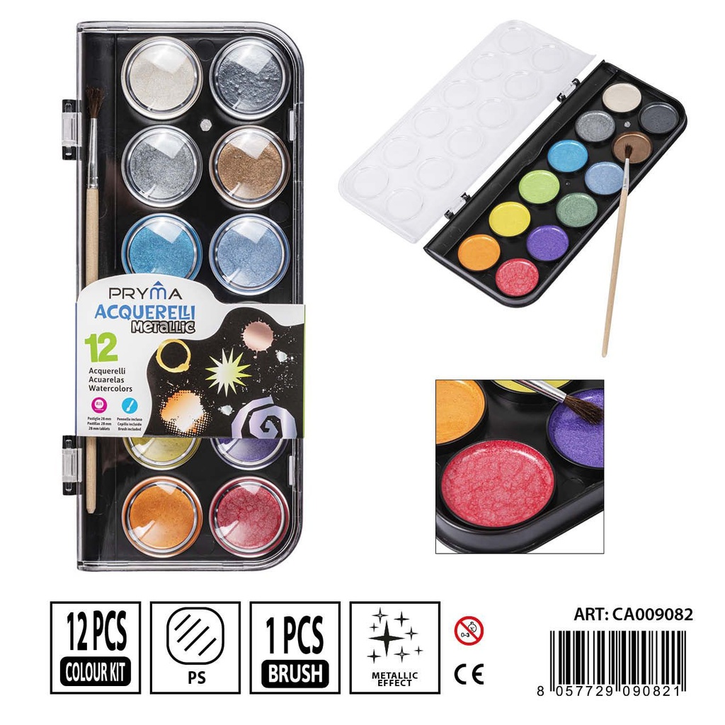 Acuarelas 12 colores metálicos + pincel - Materiales para arte