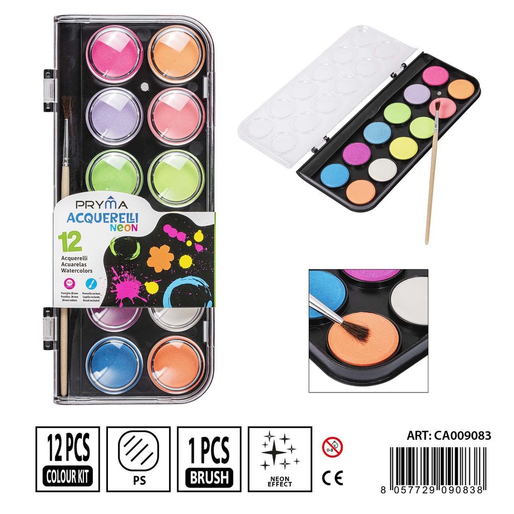 Acuarelas 12 colores fluo + pincel - Materiales para arte