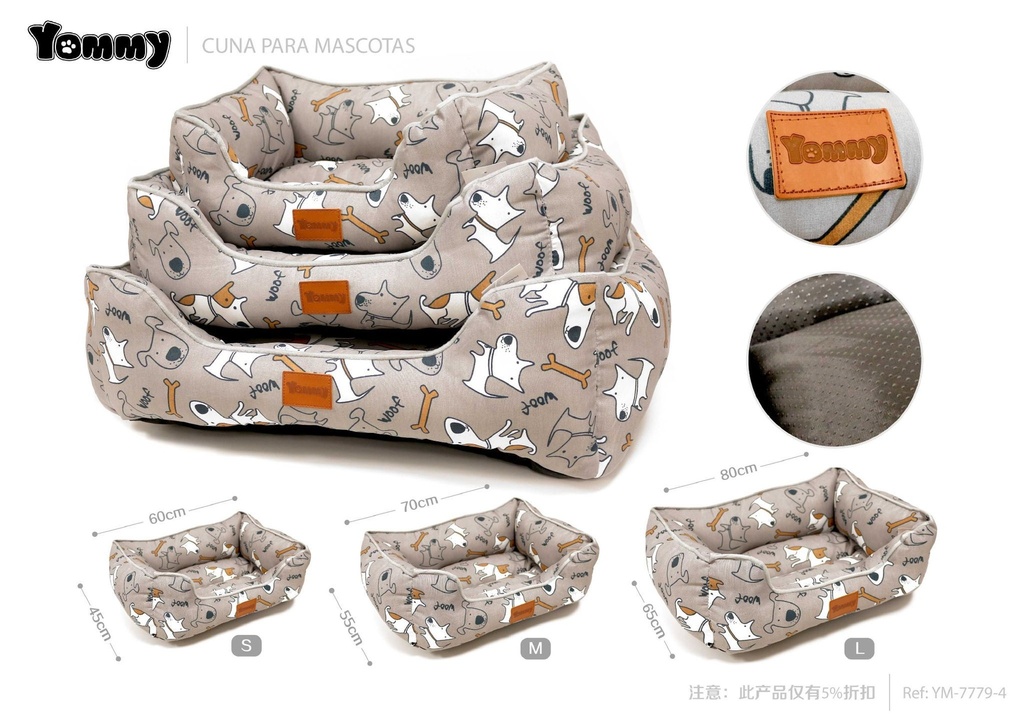 Cuna de perro de lino estampado 3 piezas en gris - Accesorios cómodos para mascotas