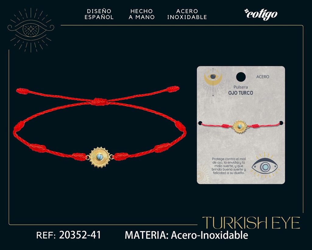 Pulsera de 7 nudos con Ojo Turco en Acero Dorado - Amuletos de suerte y protección