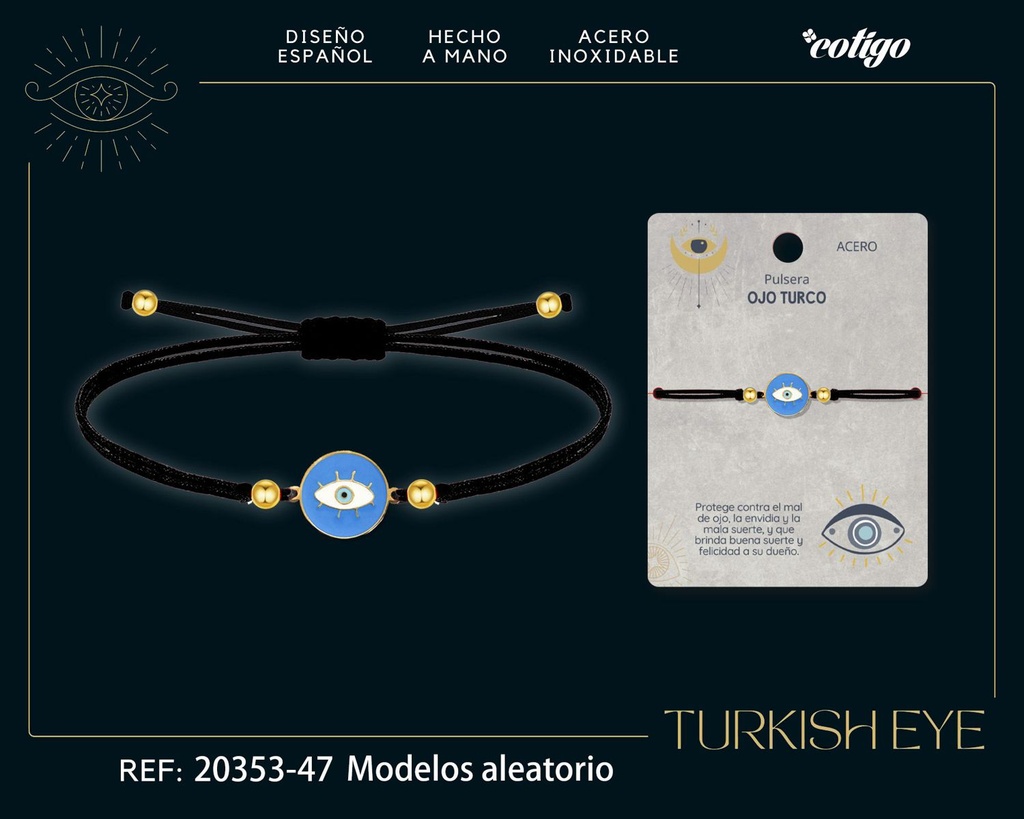 Pulsera de hilo encerado negro con Ojo Turco Dorado - Amuletos de suerte y protección