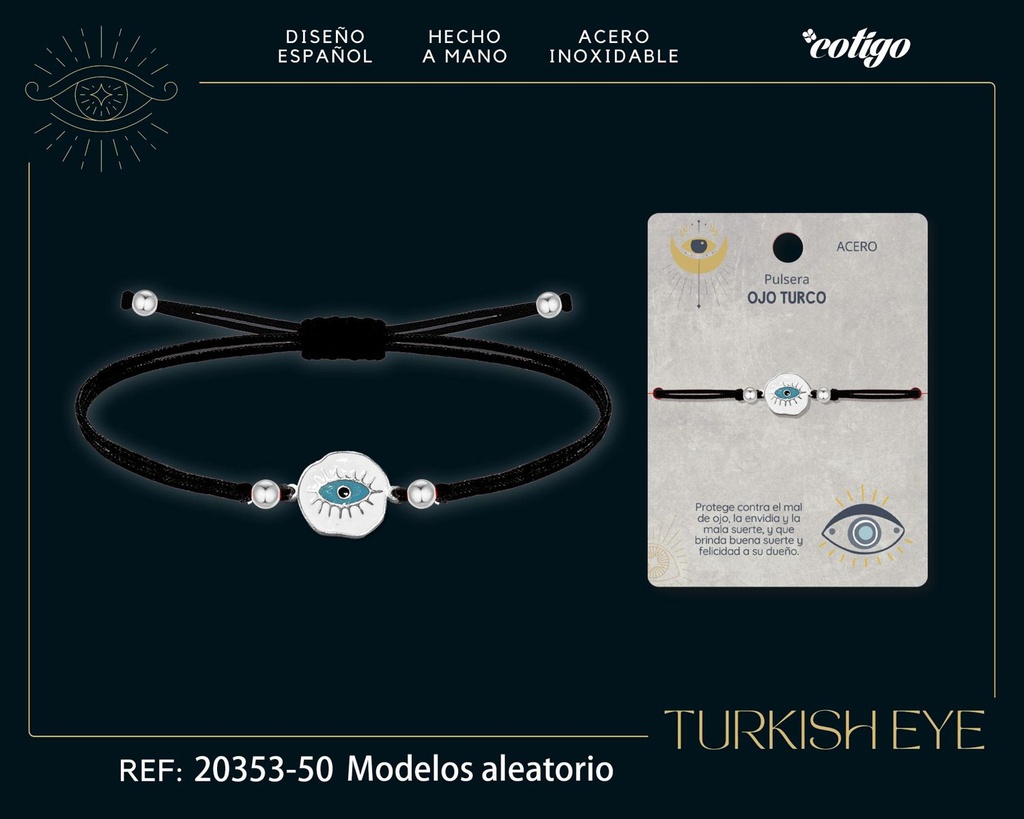 Pulsera de hilo encerado negro con Ojo Turco Plateado - Amuletos de suerte y protección