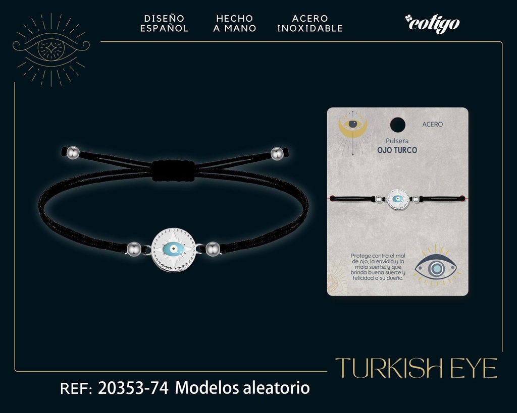 Pulsera de hilo encerado negro con Ojo Turco Plateado - Amuletos de suerte y protección