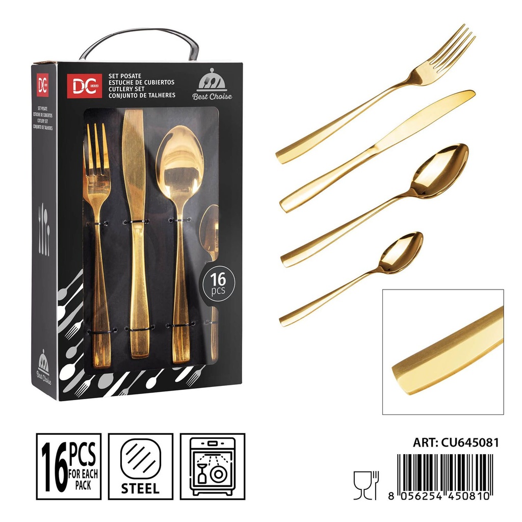 Juego de cubiertos de acero dorado brillante 16 piezas - Utensilios de mesa