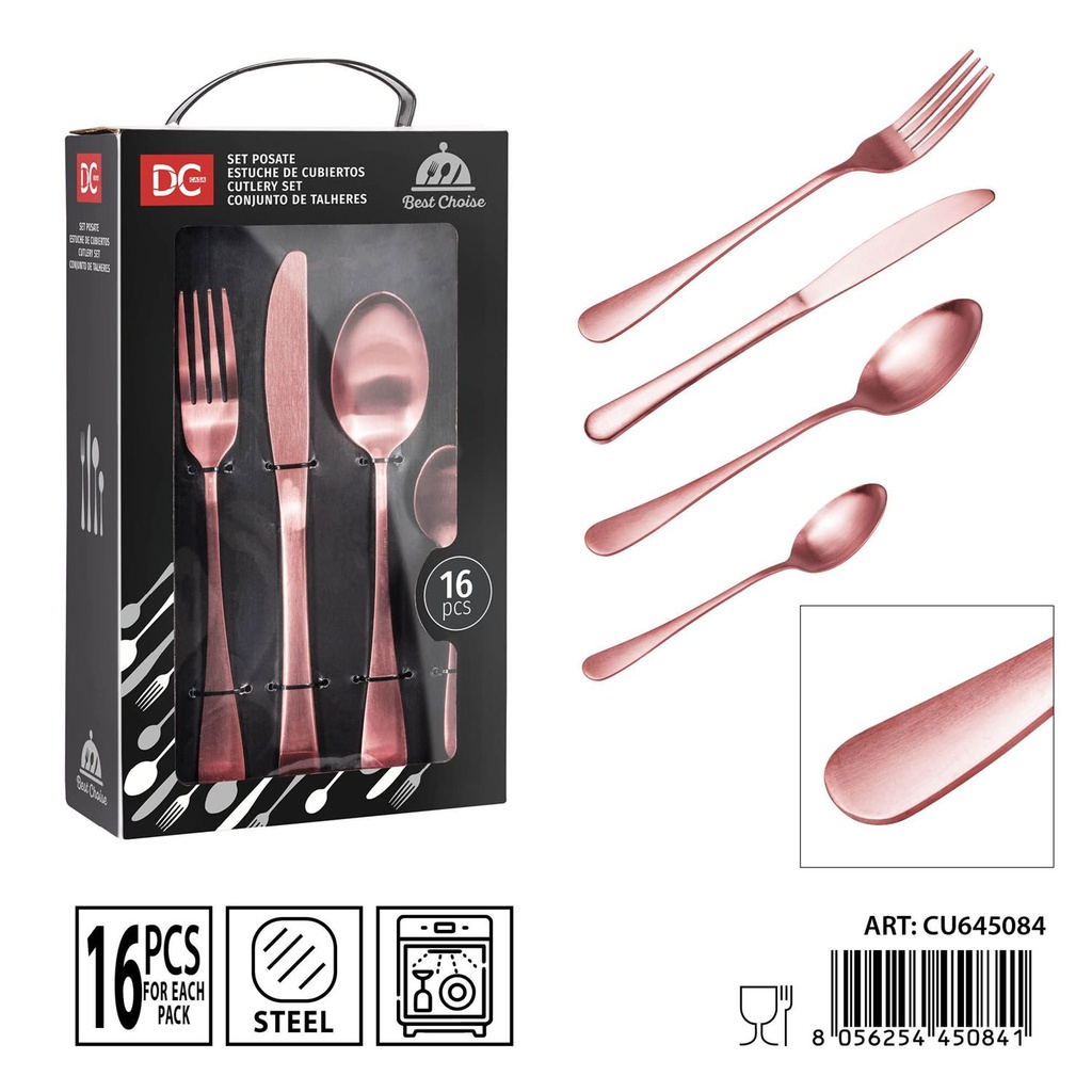 Juego de cubiertos de acero oro rosa mate 16 piezas - Utensilios de mesa