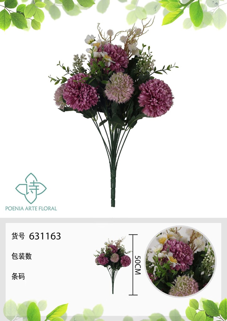 Ramo de flores artificiales - 18 cabezas de crisantemo grande y cebolla 50 cm