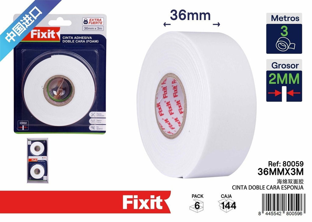 Cinta adhesiva doble cara de esponja 2mm x 36mm x 3m - Cintas de embalaje y adhesivos