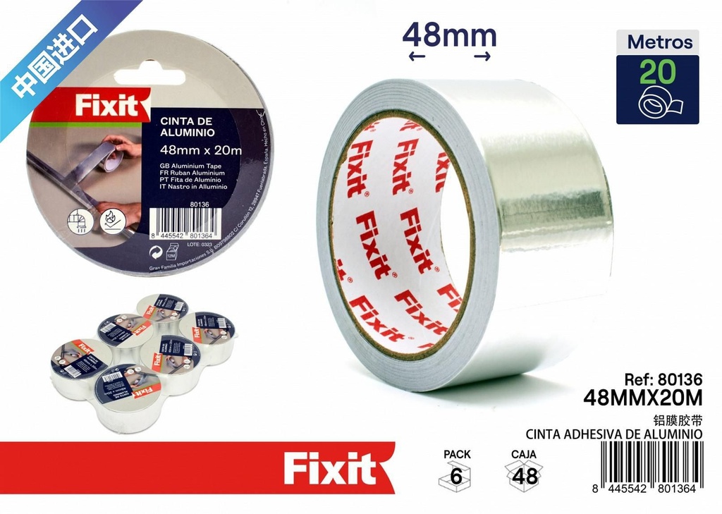 Cinta adhesiva de aluminio 48mm x 20m - Materiales de ferretería y cintas adhesivas