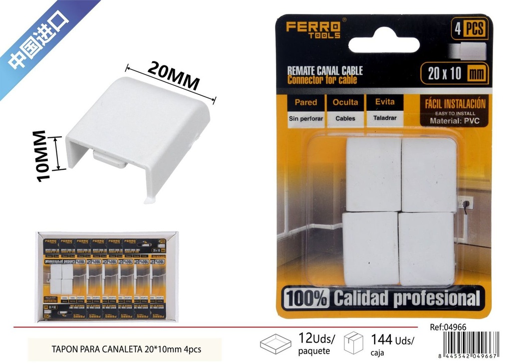 Tapa para canaleta PVC 20*10mm 4 piezas - Accesorios de instalación eléctric