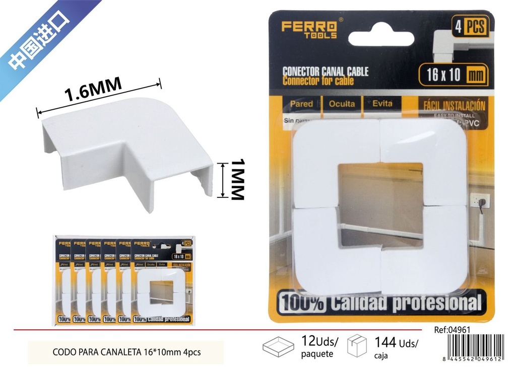 Codo para canaleta PVC 16*10mm 4 piezas - Accesorios de instalación eléctric