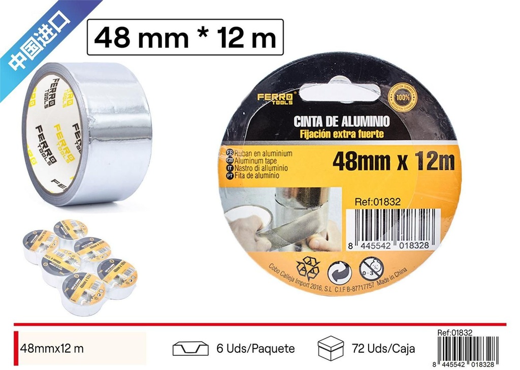 Cinta adhesiva de aluminio 4.8 x 12 m - Herramientas de ferretería