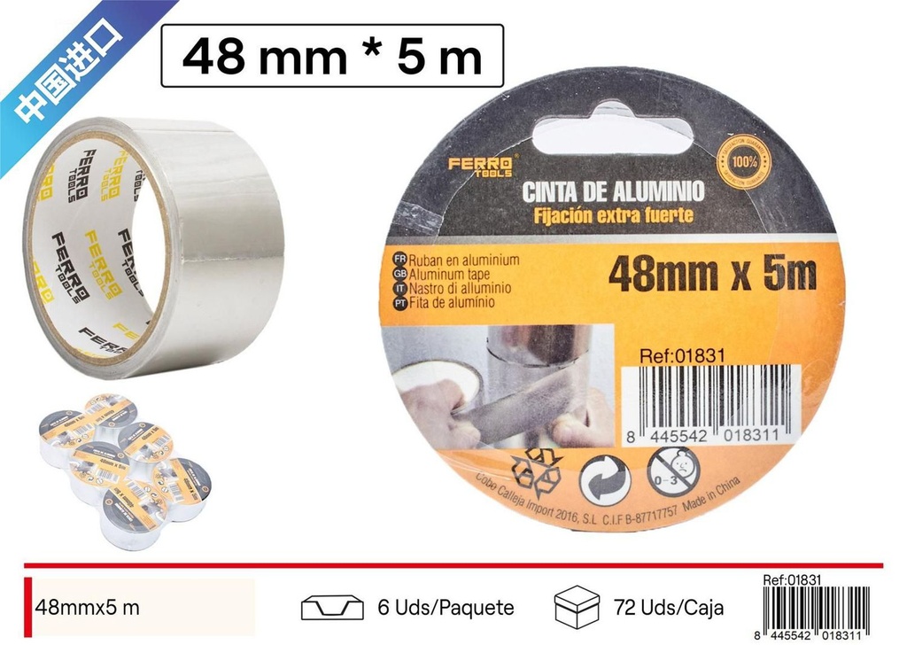 Cinta adhesiva de aluminio 4.8 x 5 m - Herramientas de ferretería