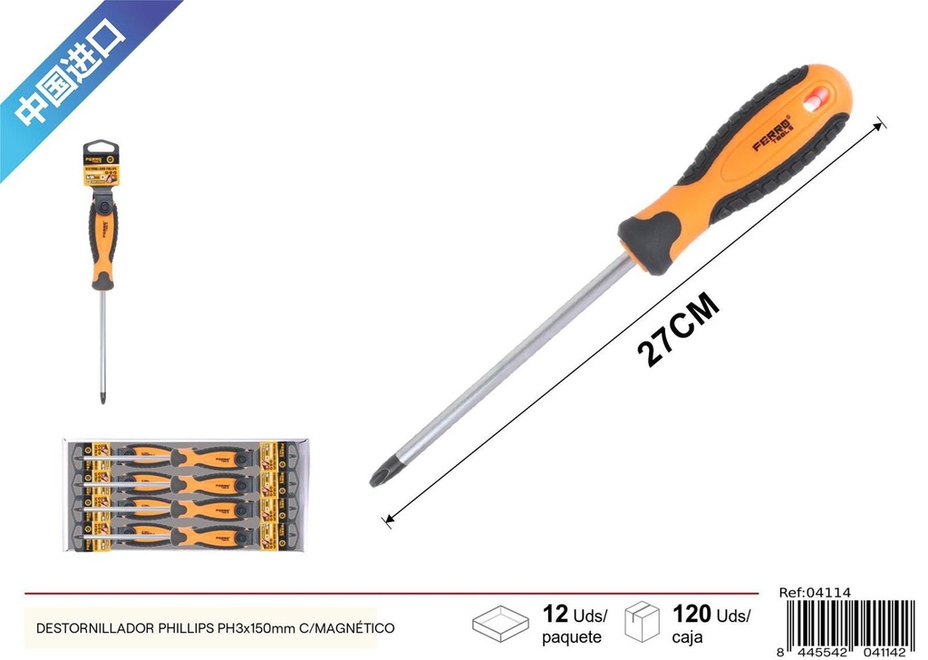 Destornillador Phillips PH3*150mm c/magnético - Herramientas de ferretería