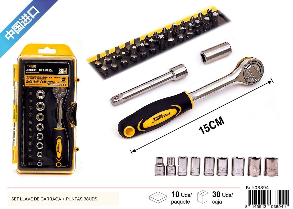 Set llave de carraca + puntas, 38 piezas - Herramientas de ferretería y kits de reparación