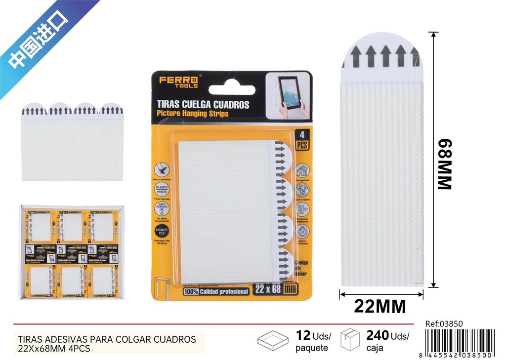 Tiras adhesivas para colgar cuadros 22x68mm 4pcs - Ferretería y colgadores