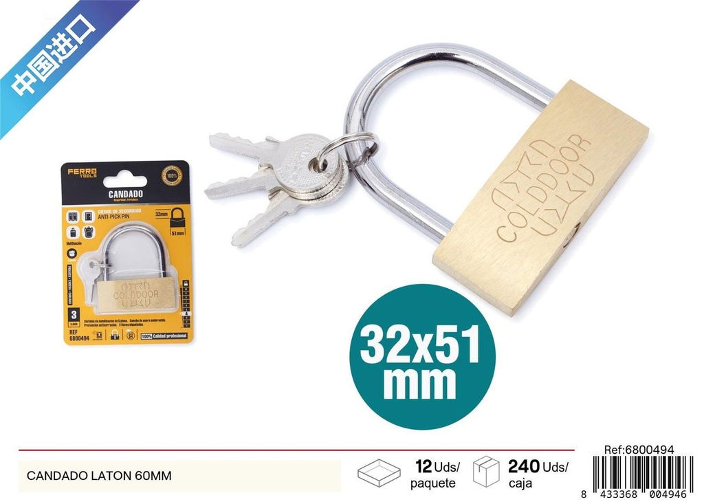 Candado de latón 60 mm - Ferretería y candados