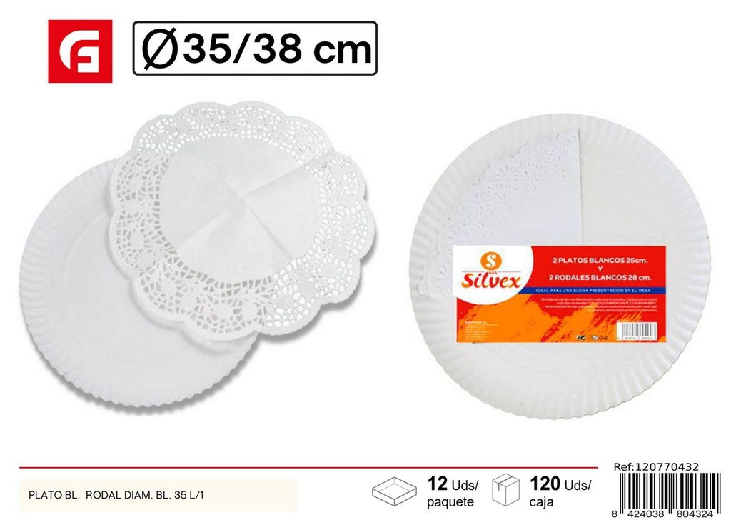 Plato blanco con rodal diam. blanco 35 - Utensilios desechables