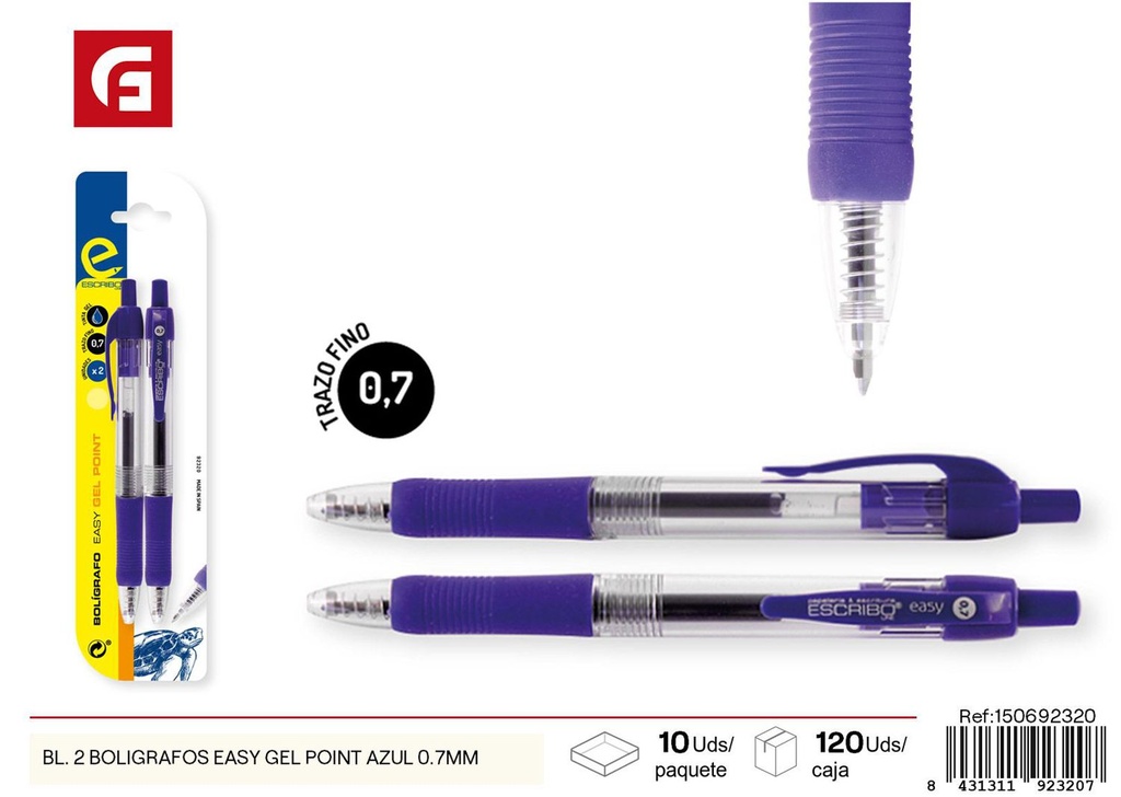 2 bolígrafos azules 0.7mm Easy Gel Point- Material escolar y escritura