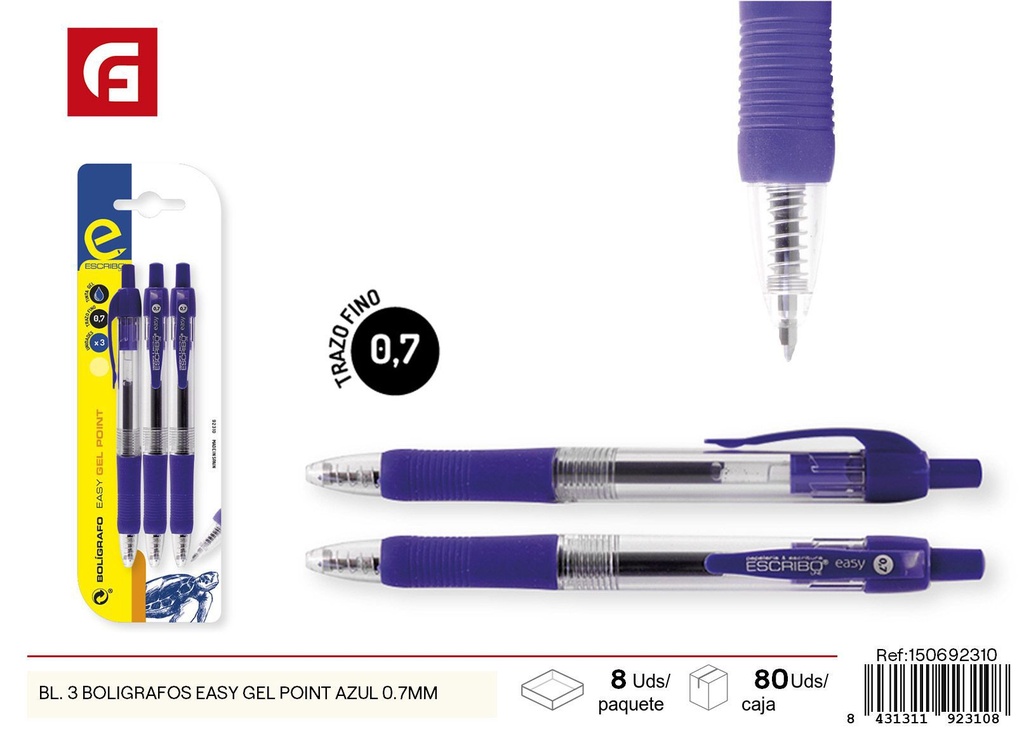 Bolígrafo Easy Gel Point azul 0.7mm paquete de 3 unidades - Material escolar y escritura