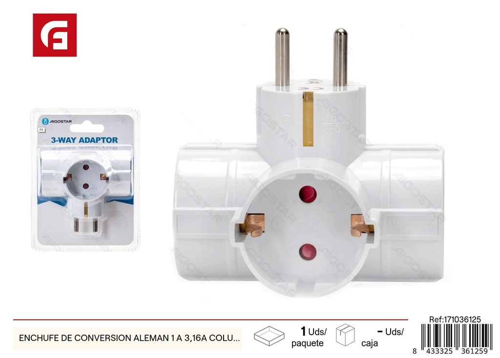 Enchufe de conversión alemán 1 a 3 16A - Accesorios eléctricos